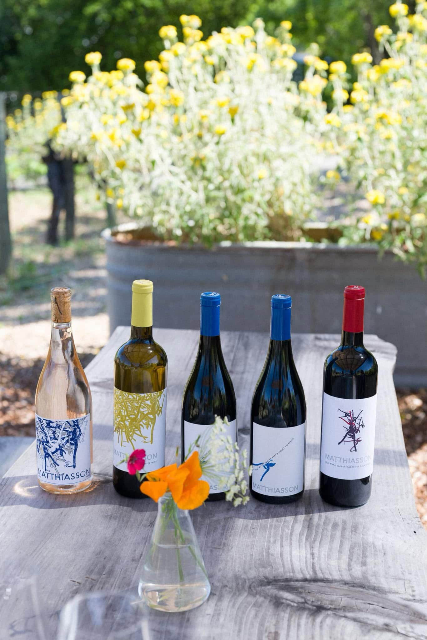 line up of wines at Matthiasson wine tasting in napa valley