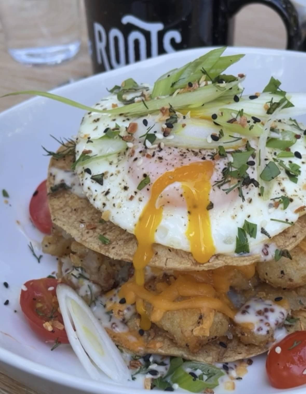 best breakfast in door county is at roots inn and kitchen, egg over tostada gluten free