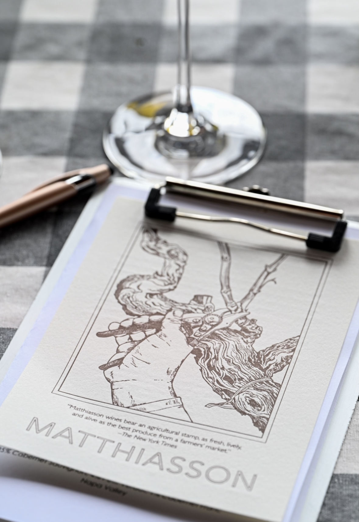 place setting at Matthiasson in Napa Valley, glass and tasting list