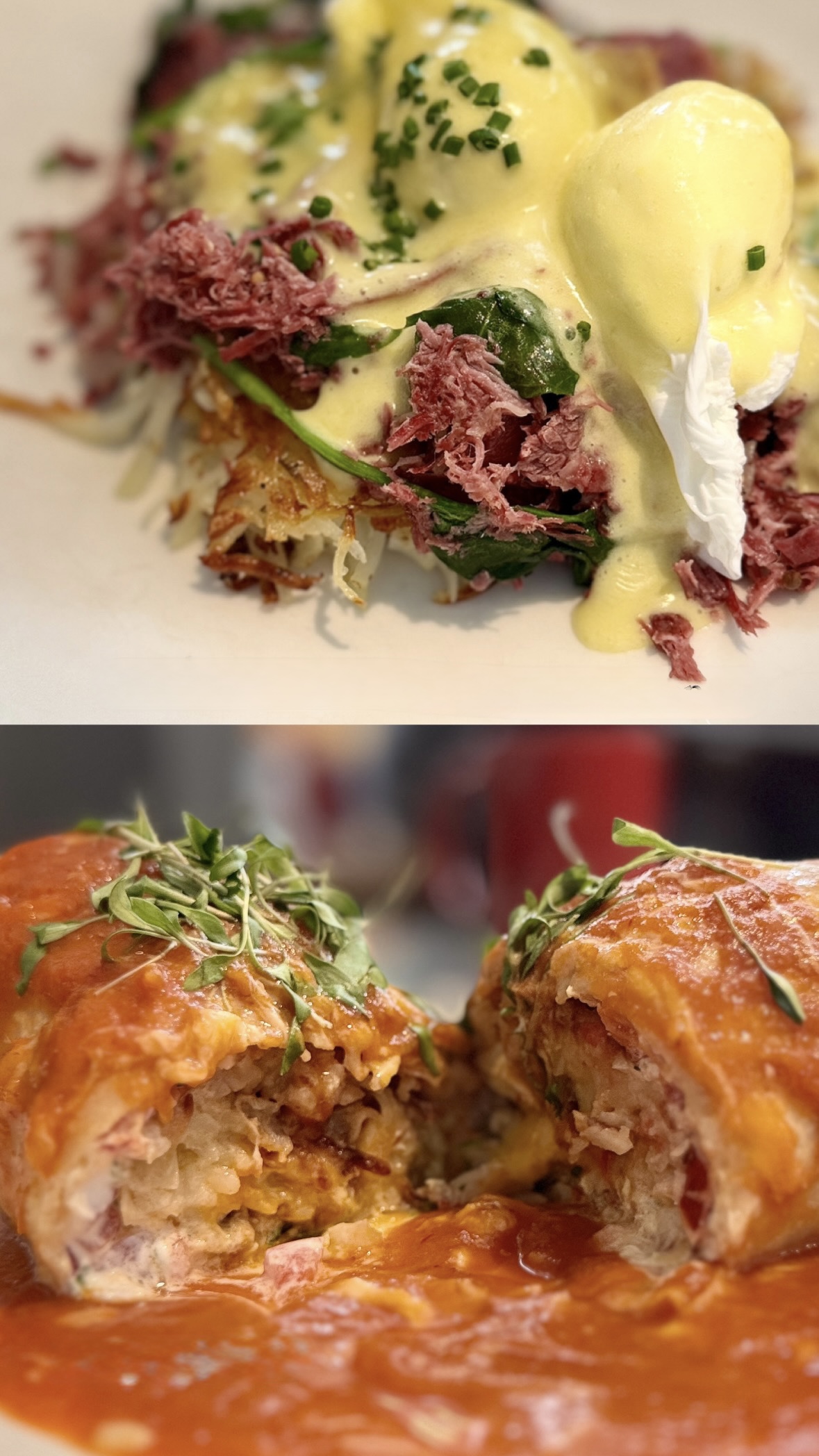 image of two breakfast options in napa, gluten free corned beef hash and a breakfast burrito 