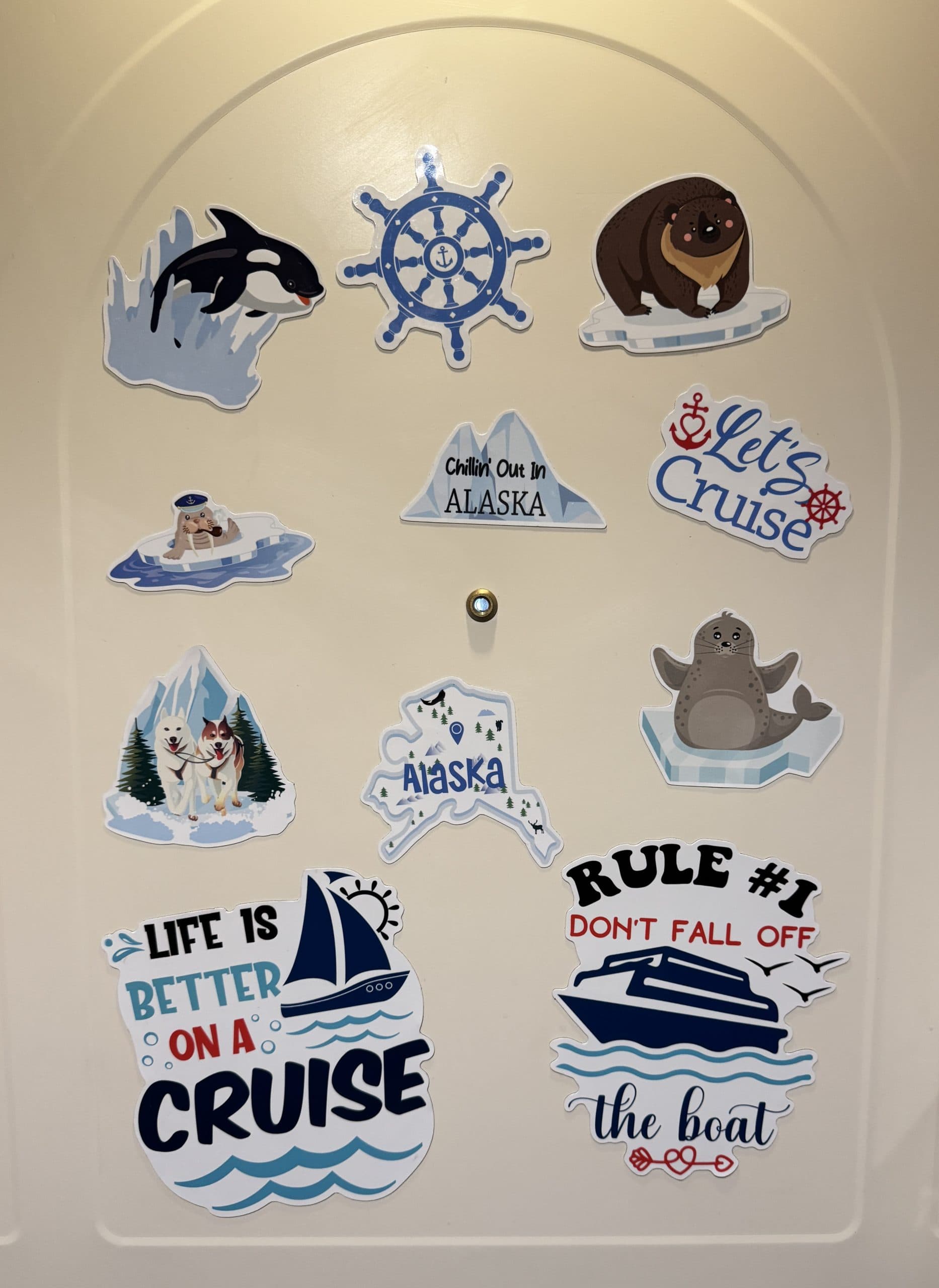 magnets on guests room doors on their royal princess alaskan cruise image on my Alaska Cruise Packing List post.