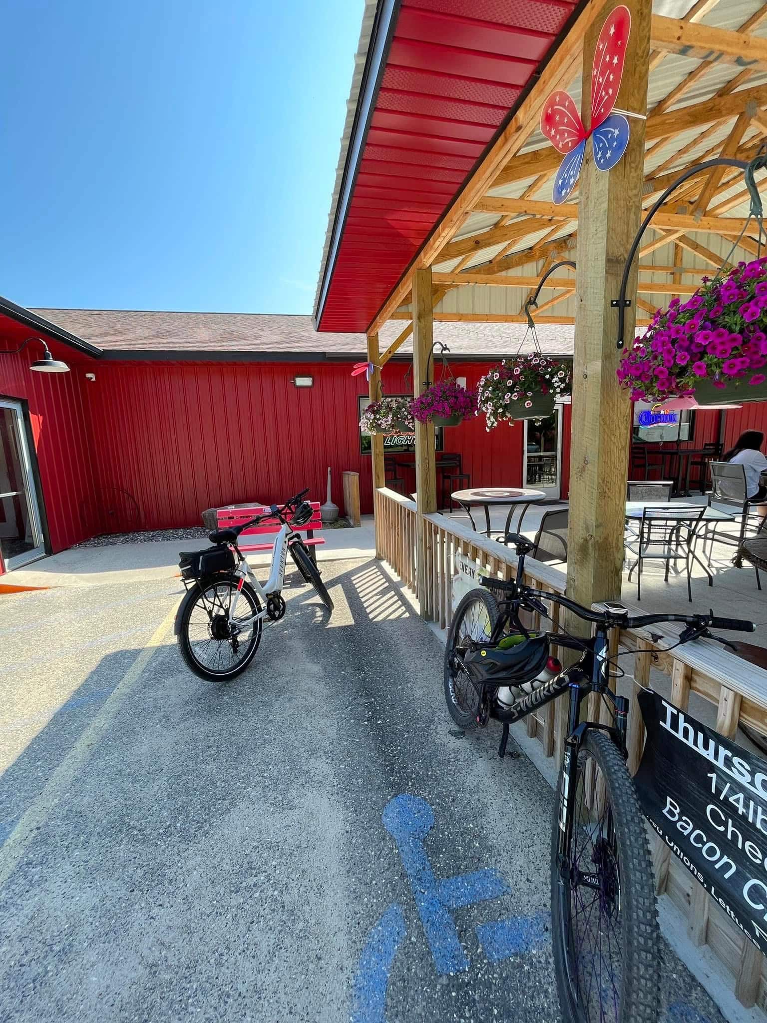 two bicycles stopped at a restaurant for a break in Walker, MN