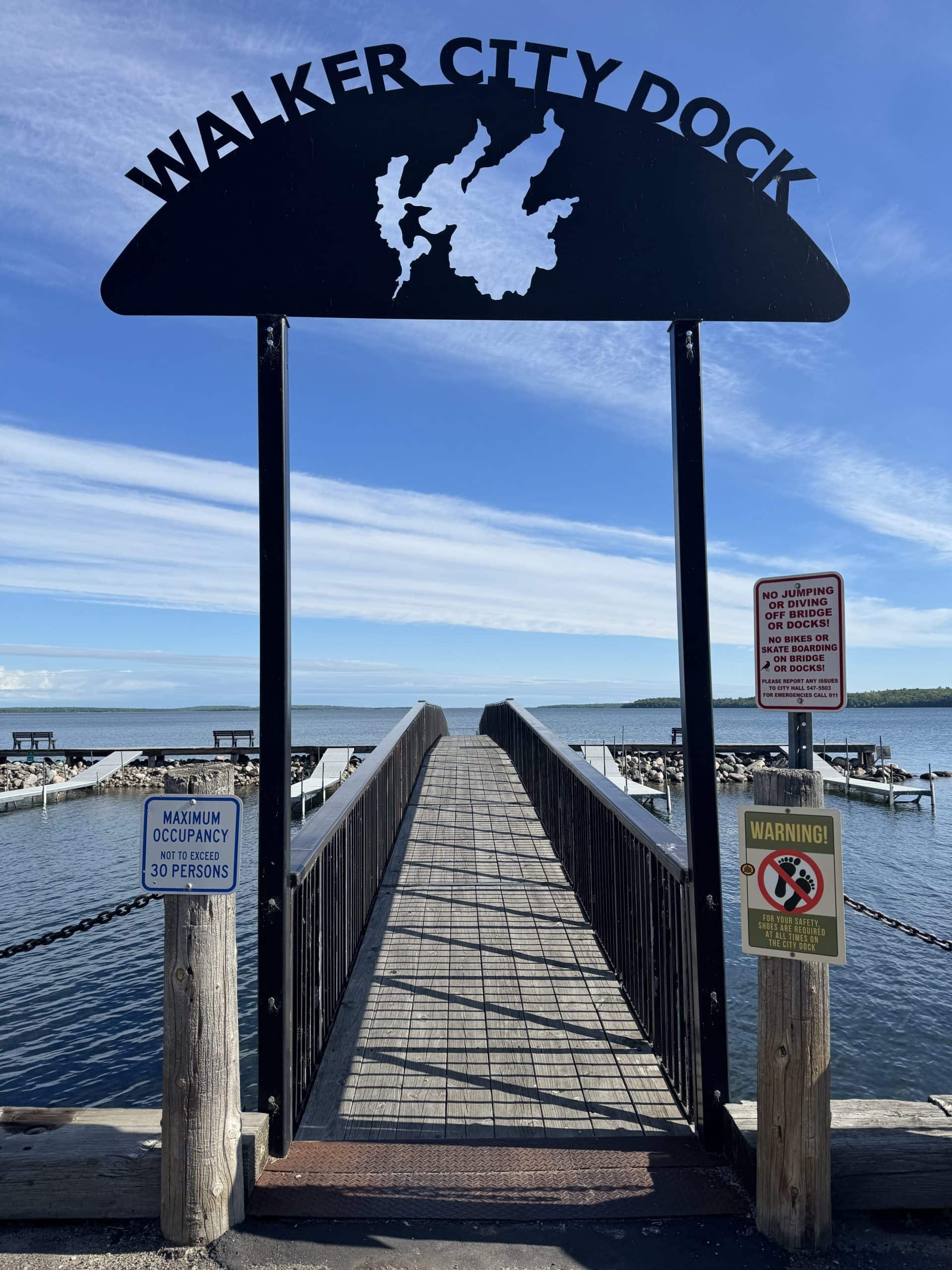 Walker City Dock metal sign overlooking Leach Lake in Downtown Walker, MN